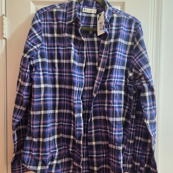 American Tall Flannel Button-Up Shirt for Tall Women in Cobalt, Navy, and Peach - Picture 3 of 4